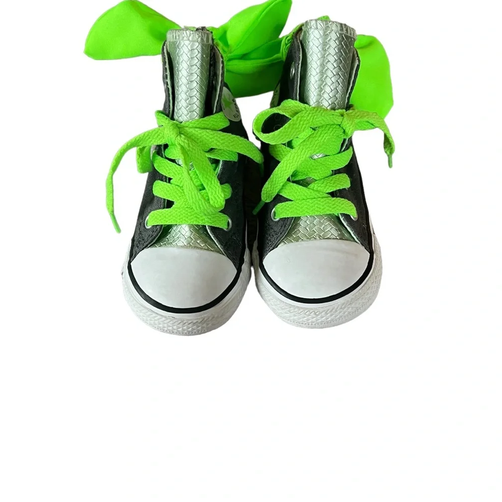Converse All Star Silver Gray Bright Green Bows Girls Toddler High Top S…